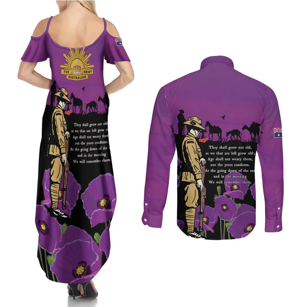 ANZAC Soldier and War Animals Couples Matching Summer Maxi Dress and Long Sleeve Button Shirt We Will Remember Them LT15 - Polynesian Pride