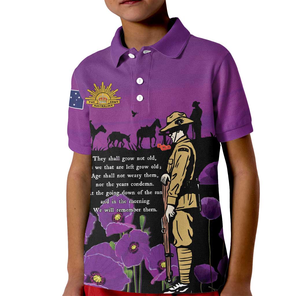 ANZAC Soldier and War Animals Kid Polo Shirt We Will Remember Them LT15 Kid Purple - Polynesian Pride