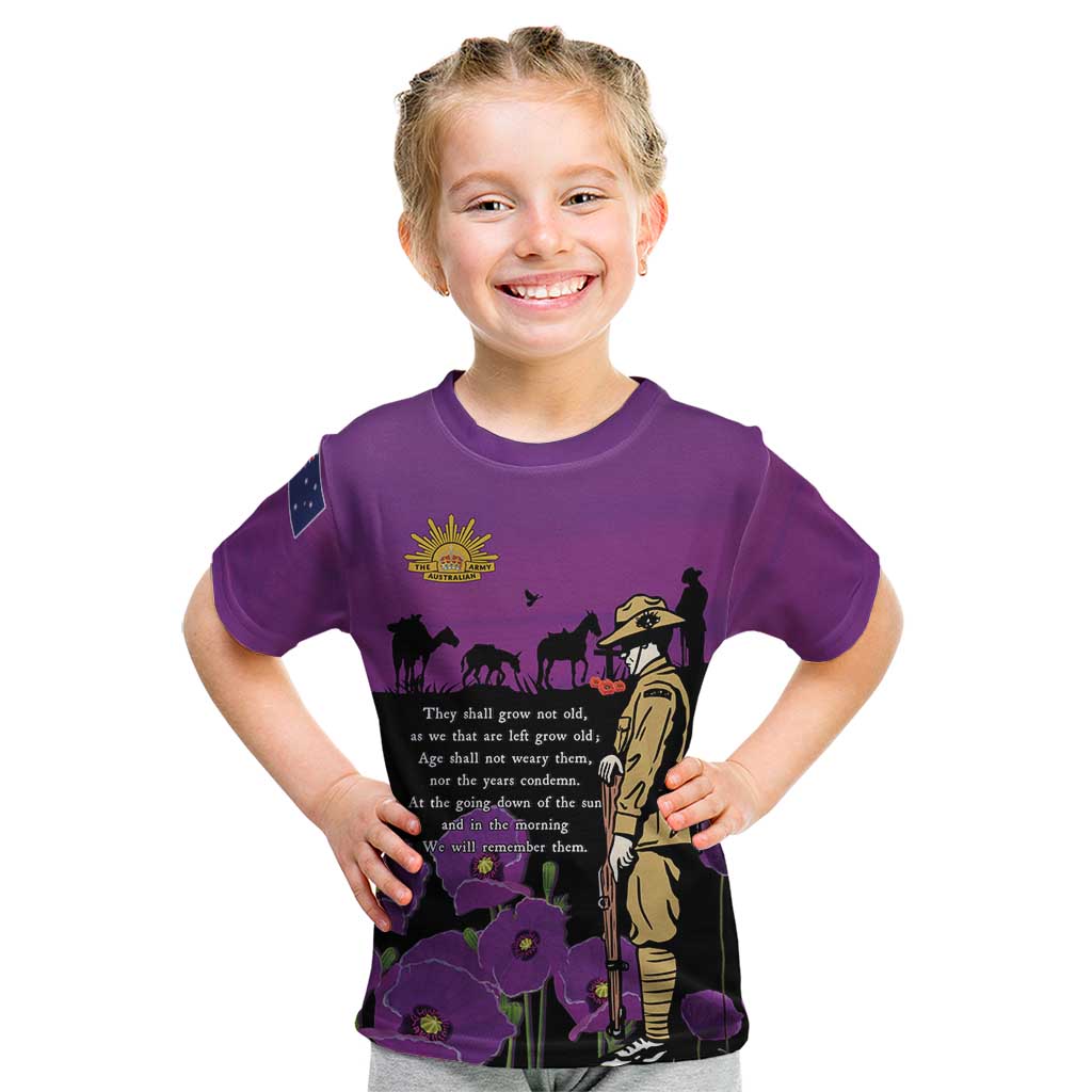 ANZAC Soldier and War Animals Kid T Shirt We Will Remember Them LT15 Purple - Polynesian Pride