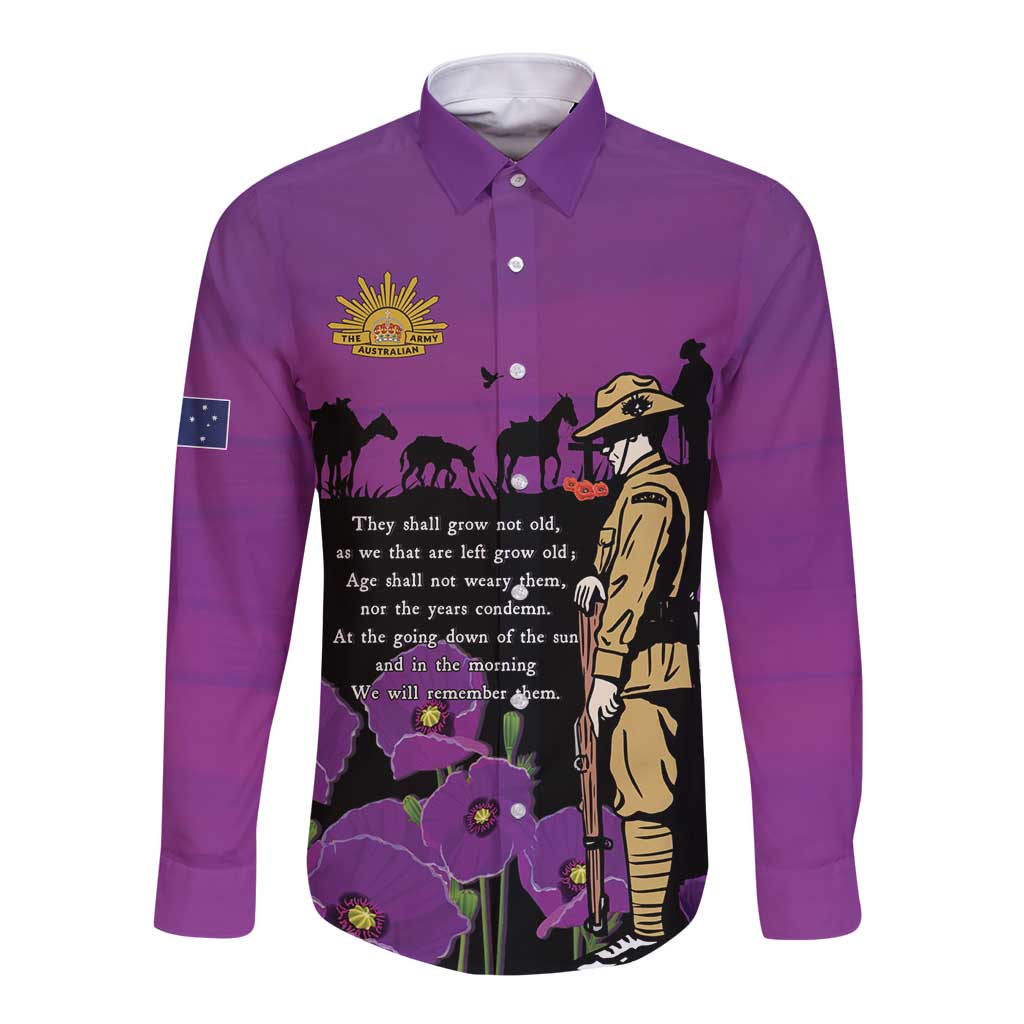 ANZAC Soldier and War Animals Long Sleeve Button Shirt We Will Remember Them LT15 Unisex Purple - Polynesian Pride