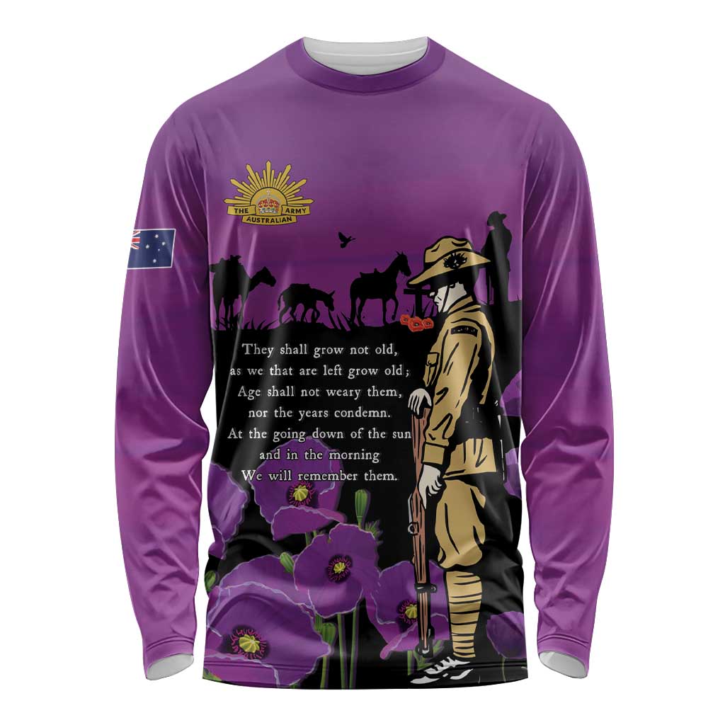 ANZAC Soldier and War Animals Long Sleeve Shirt We Will Remember Them LT15 Unisex Purple - Polynesian Pride