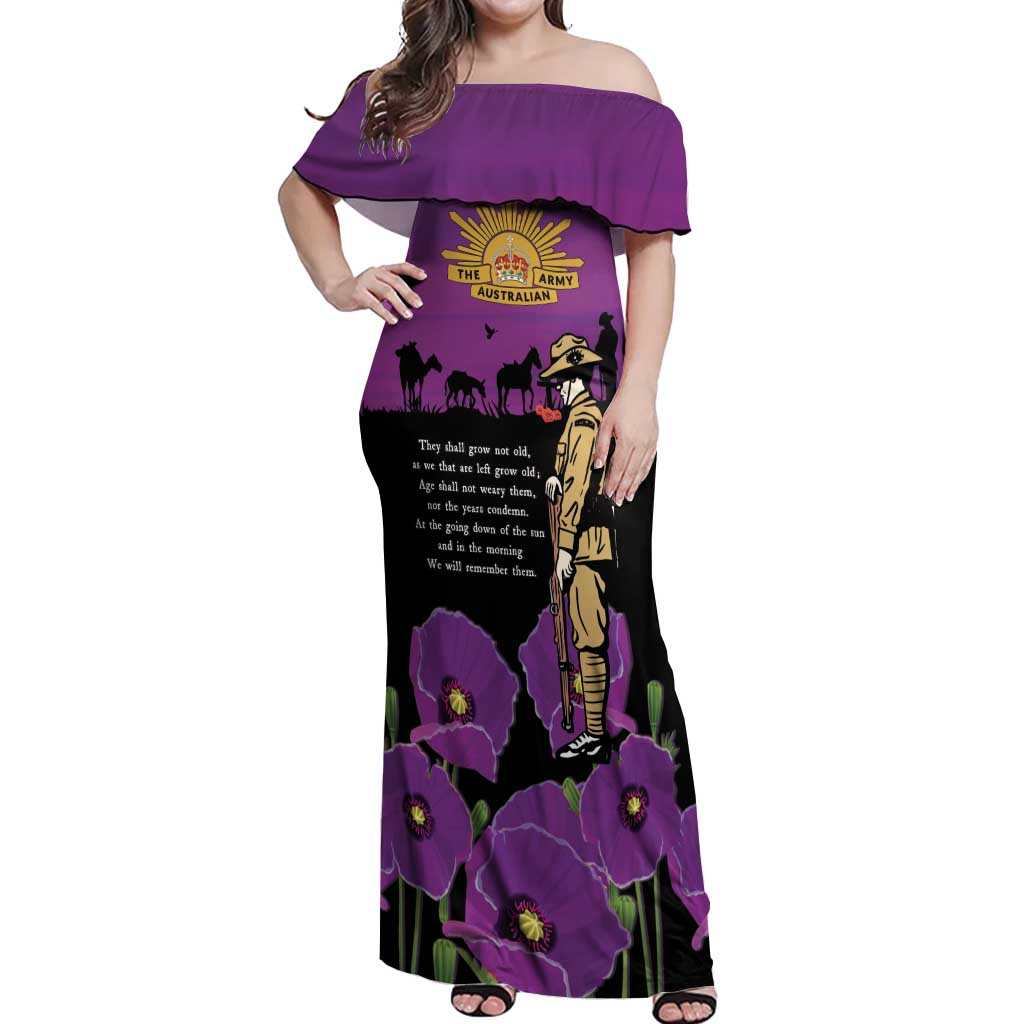 ANZAC Soldier and War Animals Off Shoulder Maxi Dress We Will Remember Them LT15 Women Purple - Polynesian Pride