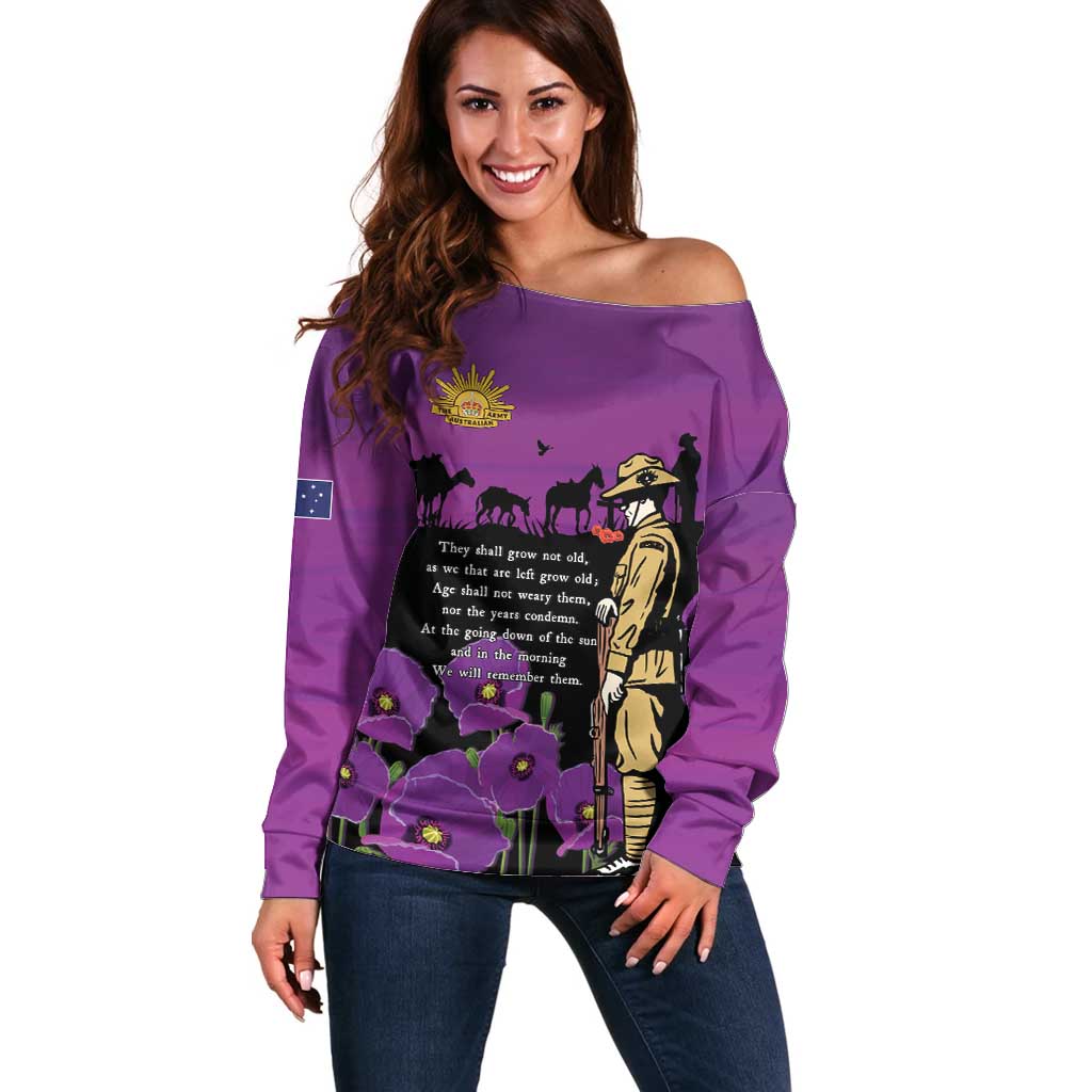 ANZAC Soldier and War Animals Off Shoulder Sweater We Will Remember Them LT15 Women Purple - Polynesian Pride