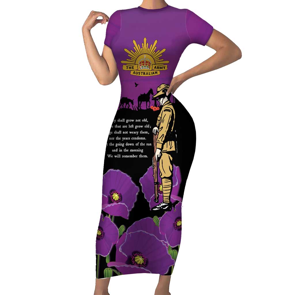 ANZAC Soldier and War Animals Short Sleeve Bodycon Dress We Will Remember Them LT15 Long Dress Purple - Polynesian Pride