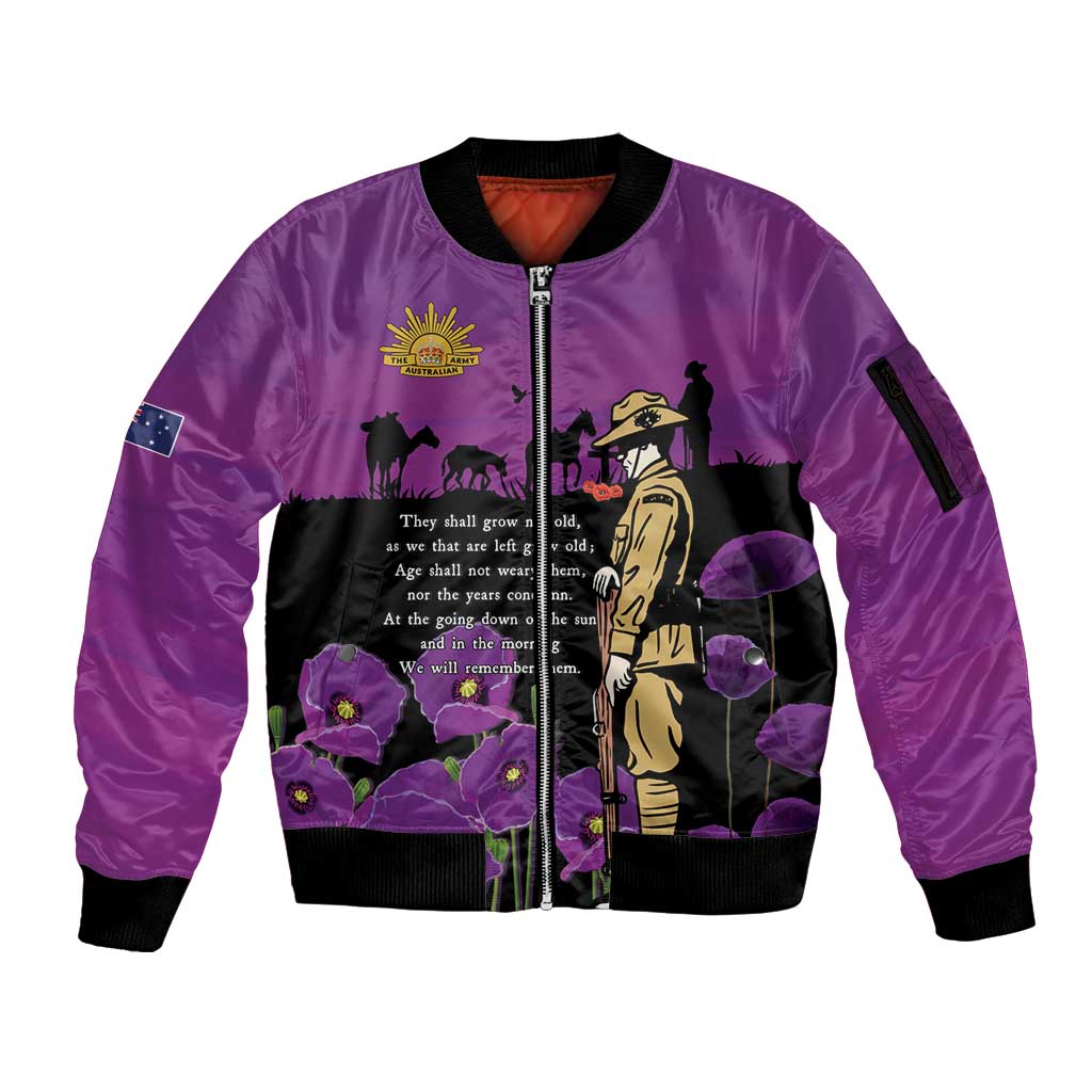 ANZAC Soldier and War Animals Sleeve Zip Bomber Jacket We Will Remember Them LT15 Unisex Purple - Polynesian Pride