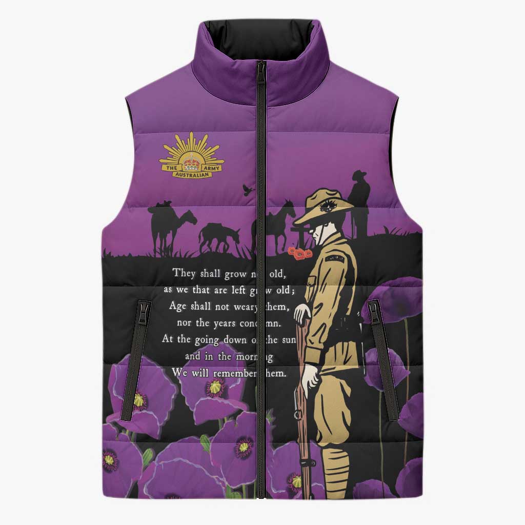 ANZAC Soldier and War Animals Sleeveless Puffer Jacket We Will Remember Them LT15 Unisex Purple - Polynesian Pride