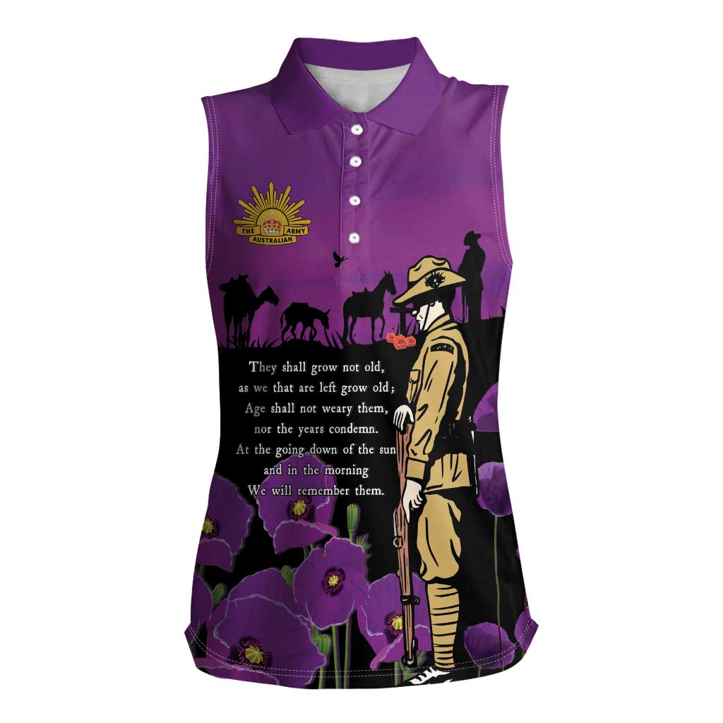 ANZAC Soldier and War Animals Women Sleeveless Polo Shirt We Will Remember Them LT15 Female Purple - Polynesian Pride