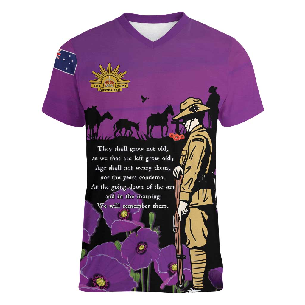 ANZAC Soldier and War Animals Women V-Neck T-Shirt We Will Remember Them LT15 Female Purple - Polynesian Pride