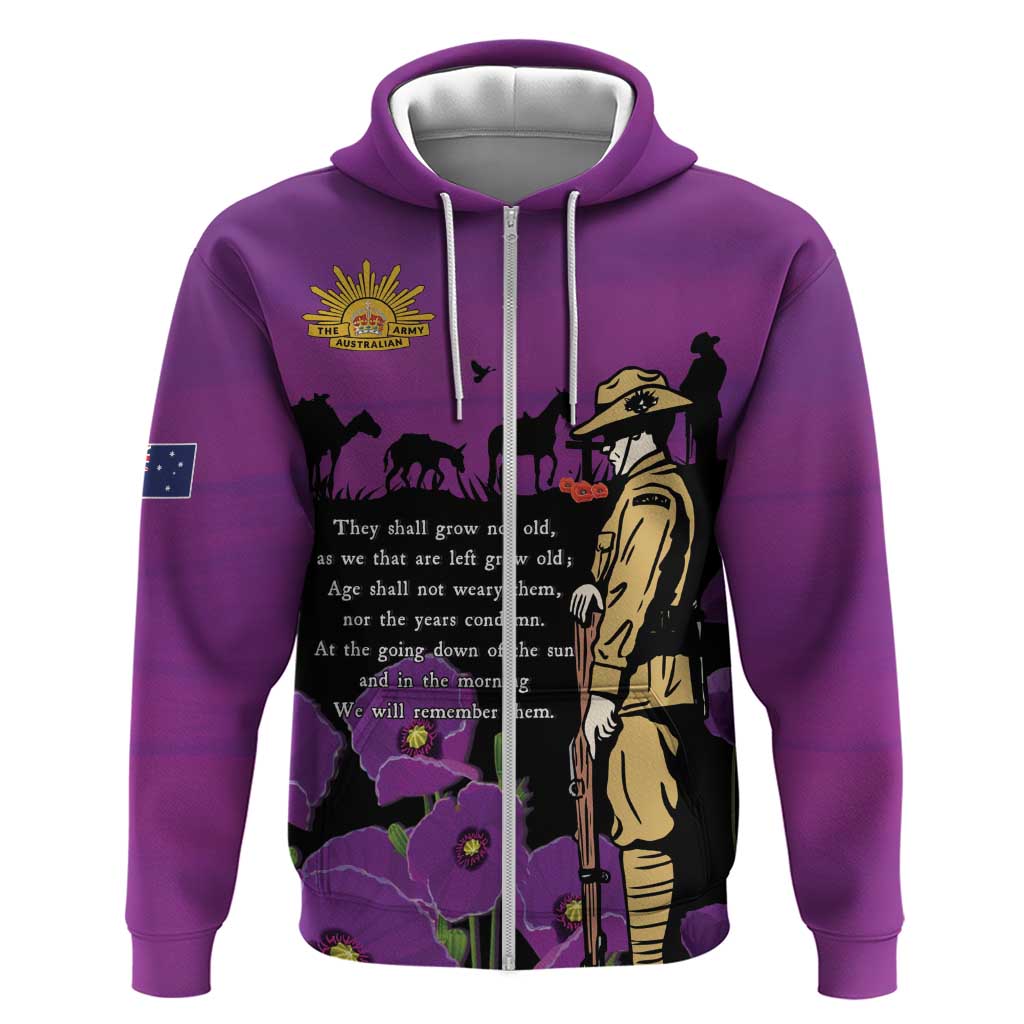 ANZAC Soldier and War Animals Zip Hoodie We Will Remember Them LT15 Zip Hoodie Purple - Polynesian Pride
