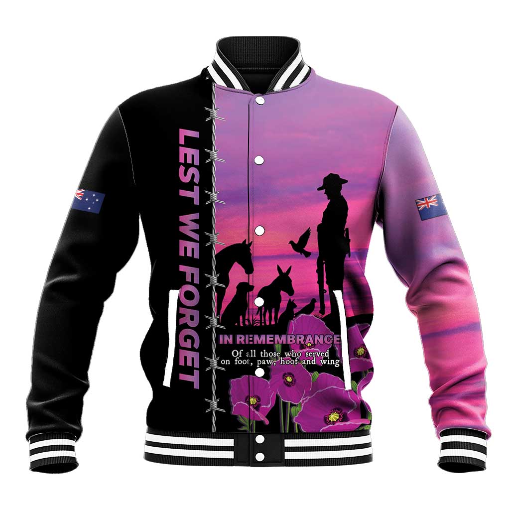 Personalised ANZAC War Animals Baseball Jacket Lest We Forget Memorial LT15 Unisex Purple - Polynesian Pride
