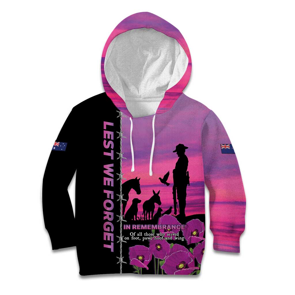 Personalised ANZAC War Animals Kid Hoodie Lest We Forget Memorial LT15 Hoodie Purple - Polynesian Pride
