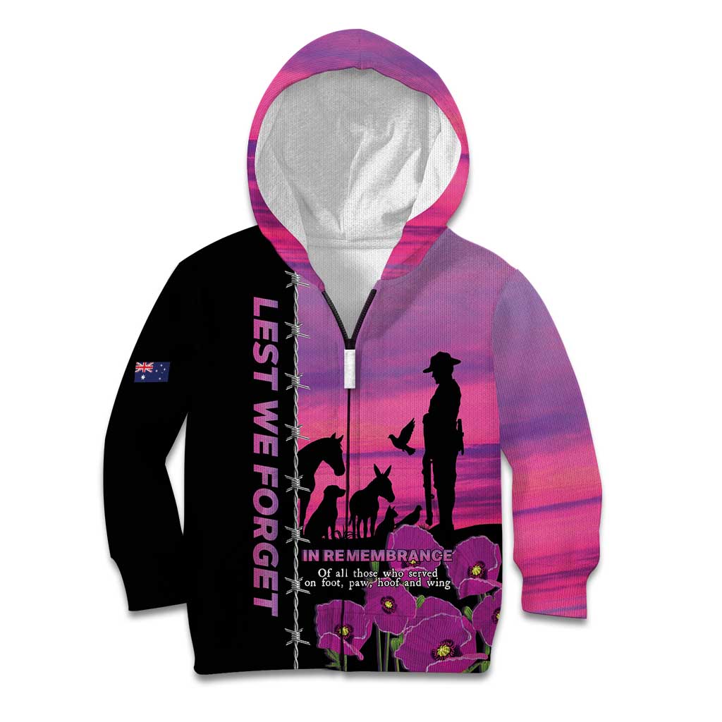 Personalised ANZAC War Animals Kid Hoodie Lest We Forget Memorial LT15 Zip Hoodie Purple - Polynesian Pride