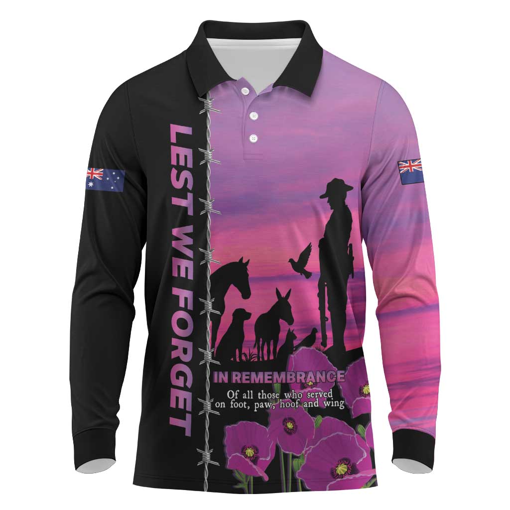 Personalised ANZAC War Animals Long Sleeve Polo Shirt Lest We Forget Memorial LT15 Purple - Polynesian Pride