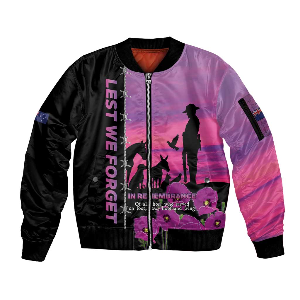 Personalised ANZAC War Animals Sleeve Zip Bomber Jacket Lest We Forget Memorial LT15 Unisex Purple - Polynesian Pride