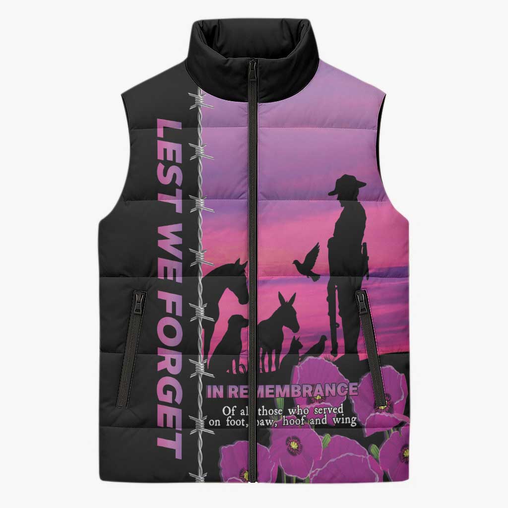 Personalised ANZAC War Animals Sleeveless Puffer Jacket Lest We Forget Memorial LT15 Unisex Purple - Polynesian Pride