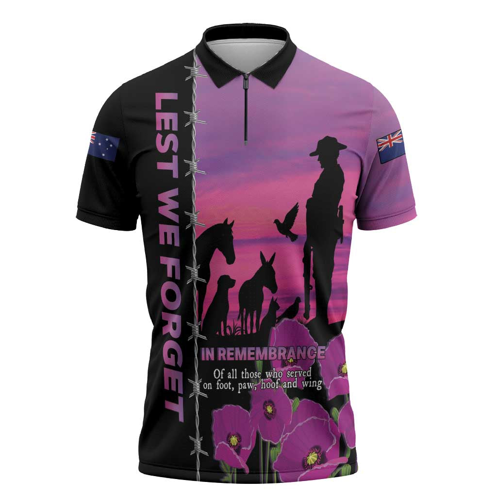 Personalised ANZAC War Animals Zipper Polo Shirt Lest We Forget Memorial LT15 Purple - Polynesian Pride