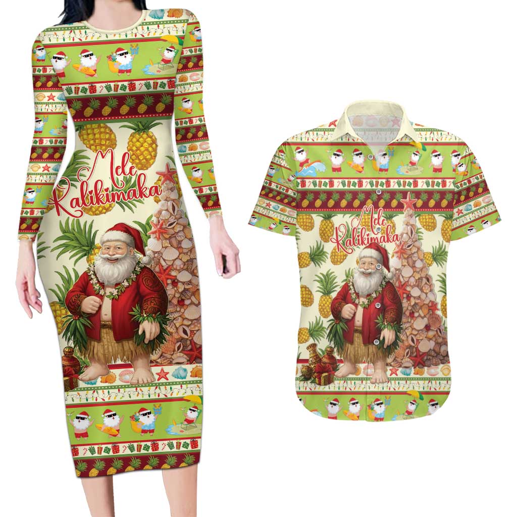 Hawaiian Santa Aloha Pineapple Christmas Couples Matching Long Sleeve Bodycon Dress and Hawaiian Shirt Mele Kalikimaka - Polynesian Pride