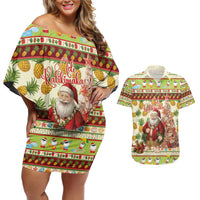 Hawaiian Santa Aloha Pineapple Christmas Couples Matching Off Shoulder Short Dress and Hawaiian Shirt Mele Kalikimaka - Polynesian Pride