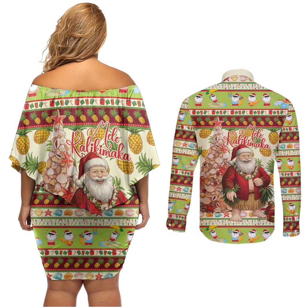 Hawaiian Santa Aloha Pineapple Christmas Couples Matching Off Shoulder Short Dress and Long Sleeve Button Shirt Mele Kalikimaka - Polynesian Pride
