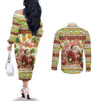 Hawaiian Santa Aloha Pineapple Christmas Couples Matching Off The Shoulder Long Sleeve Dress and Long Sleeve Button Shirt Mele Kalikimaka - Polynesian Pride