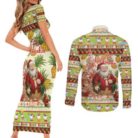 Hawaiian Santa Aloha Pineapple Christmas Couples Matching Short Sleeve Bodycon Dress and Long Sleeve Button Shirt Mele Kalikimaka - Polynesian Pride