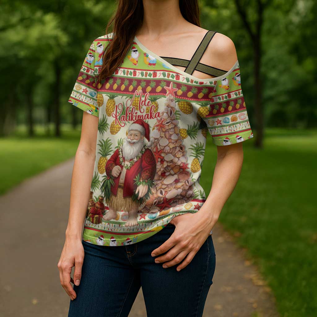 Hawaiian Santa Aloha Pineapple Christmas Cross Shoulder Shirt Mele Kalikimaka - Polynesian Pride