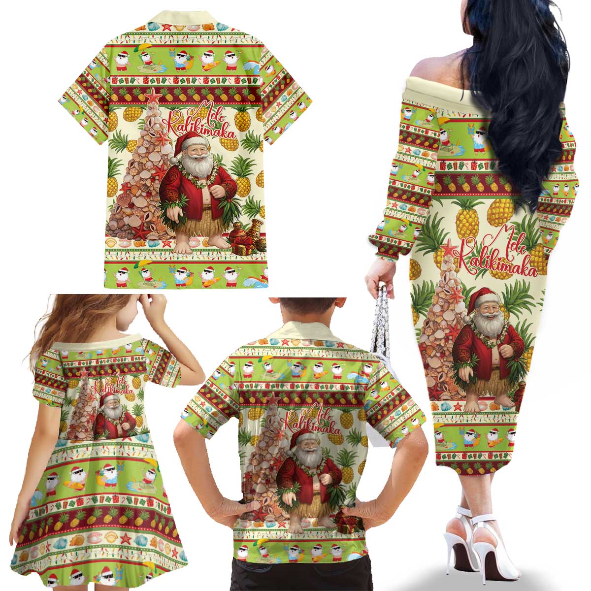 Hawaiian Santa Aloha Pineapple Christmas Family Matching Off The Shoulder Long Sleeve Dress and Hawaiian Shirt Mele Kalikimaka - Polynesian Pride