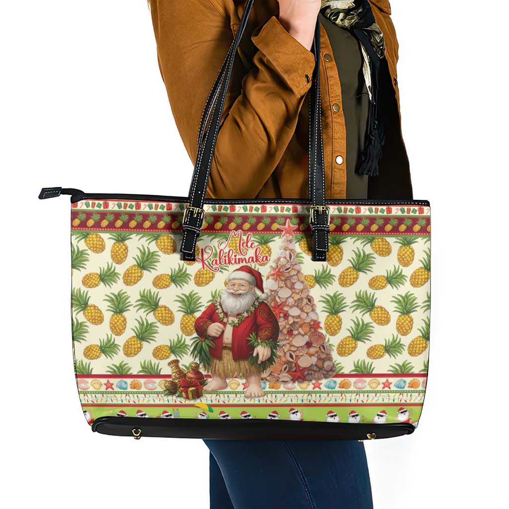Hawaiian Santa Aloha Pineapple Christmas Leather Tote Bag Mele Kalikimaka - Polynesian Pride