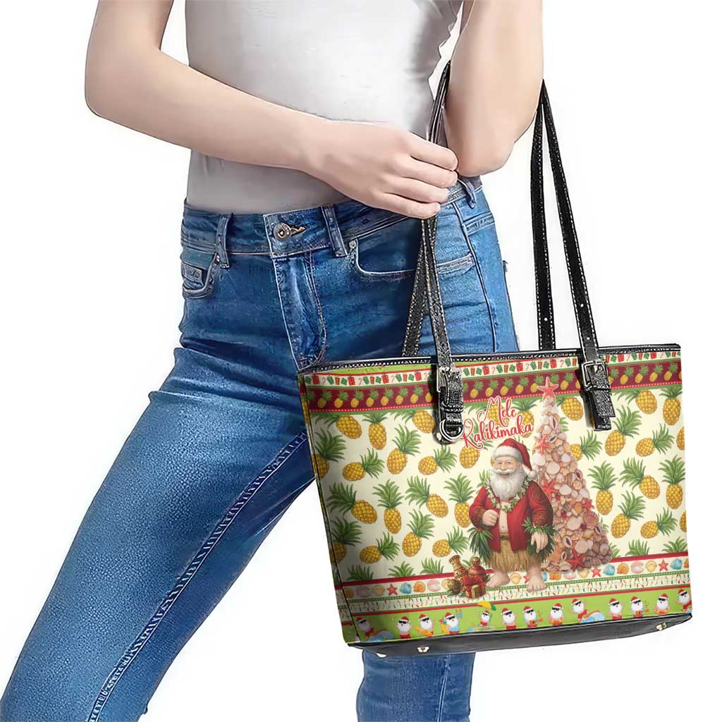 Hawaiian Santa Aloha Pineapple Christmas Leather Tote Bag Mele Kalikimaka - Polynesian Pride