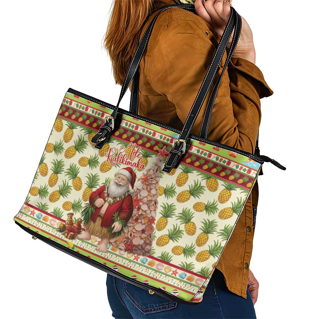 Hawaiian Santa Aloha Pineapple Christmas Leather Tote Bag Mele Kalikimaka - Polynesian Pride