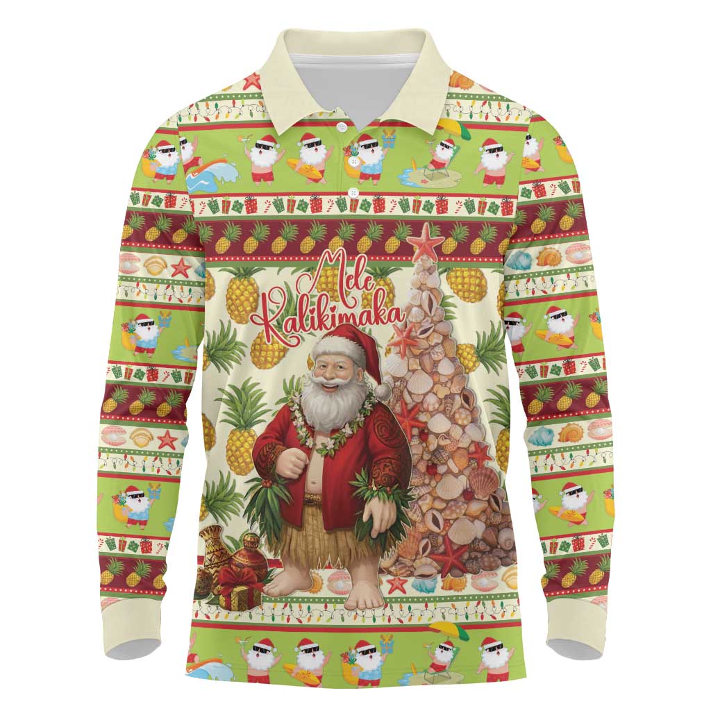 Hawaiian Santa Aloha Pineapple Christmas Long Sleeve Polo Shirt Mele Kalikimaka - Polynesian Pride