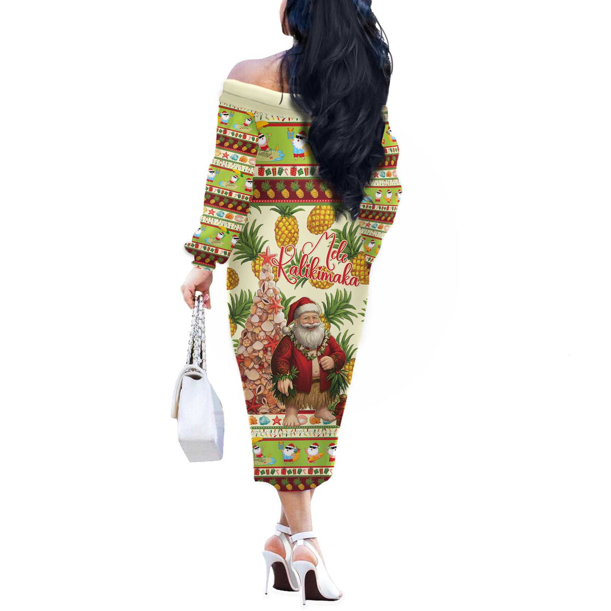 Hawaiian Santa Aloha Pineapple Christmas Off The Shoulder Long Sleeve Dress Mele Kalikimaka - Polynesian Pride