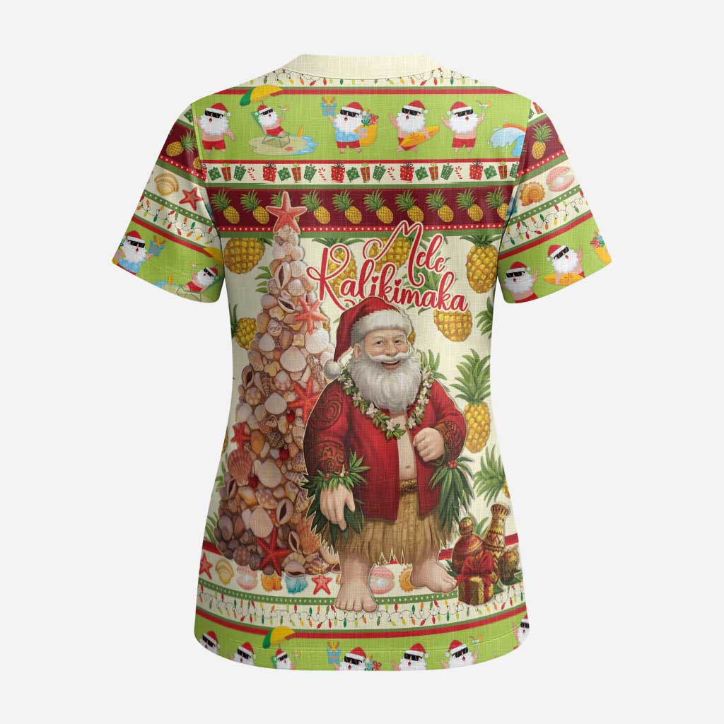 Hawaiian Santa Aloha Pineapple Christmas Scrub Top Mele Kalikimaka - Polynesian Pride