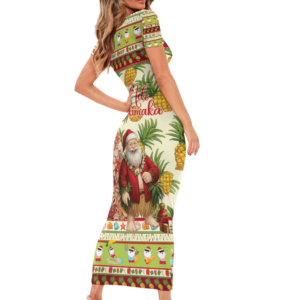 Hawaiian Santa Aloha Pineapple Christmas Short Sleeve Bodycon Dress Mele Kalikimaka - Polynesian Pride