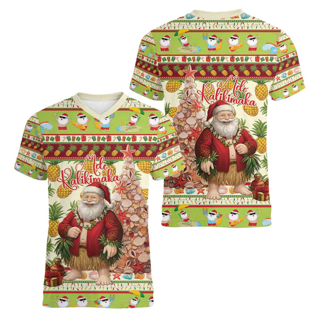 Hawaiian Santa Aloha Pineapple Christmas Women V-Neck T-Shirt Mele Kalikimaka - Polynesian Pride