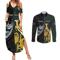 New Zealand and South Africa Rugby Custom Couples Matching Summer Maxi Dress and Long Sleeve Button Shirt Silver Fern With Springboks