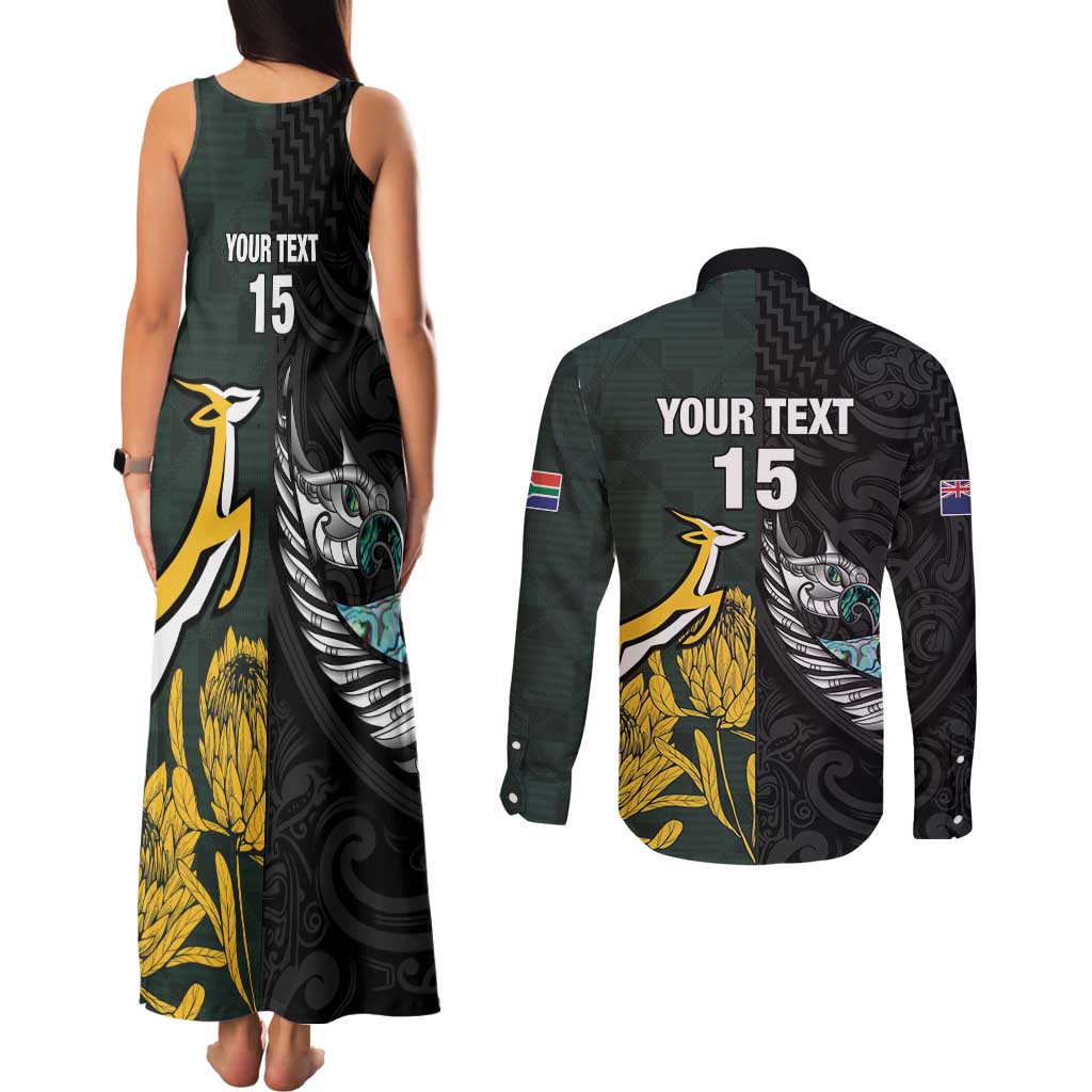 New Zealand and South Africa Rugby Custom Couples Matching Tank Maxi Dress and Long Sleeve Button Shirt Silver Fern With Springboks