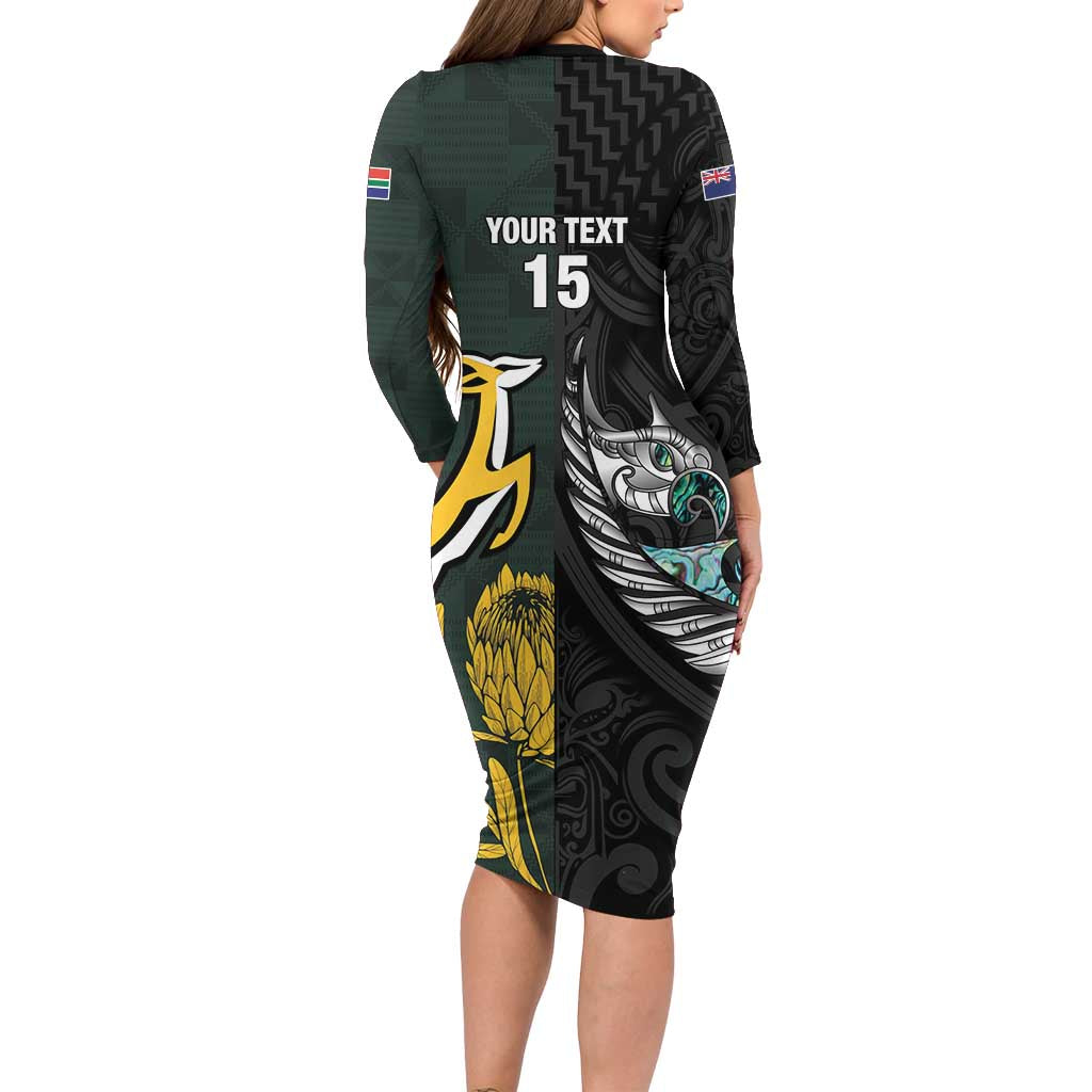 New Zealand and South Africa Rugby Custom Family Matching Long Sleeve Bodycon Dress and Hawaiian Shirt Silver Fern With Springboks