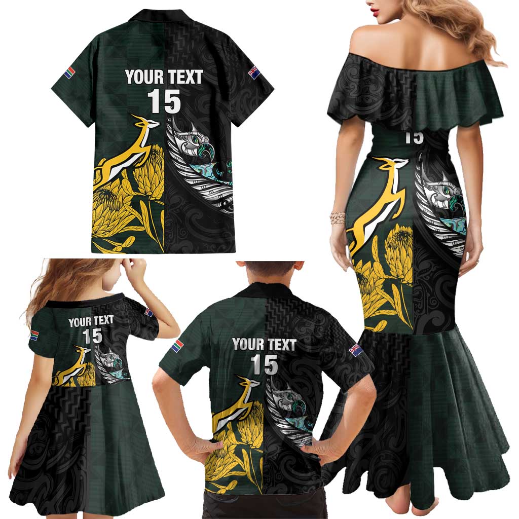 New Zealand and South Africa Rugby Custom Family Matching Mermaid Dress and Hawaiian Shirt Silver Fern With Springboks