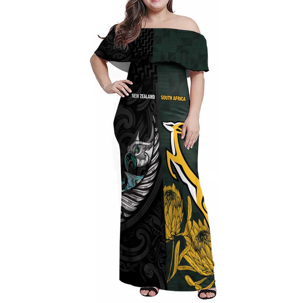 New Zealand and South Africa Rugby Custom Family Matching Off Shoulder Maxi Dress and Hawaiian Shirt Silver Fern With Springboks
