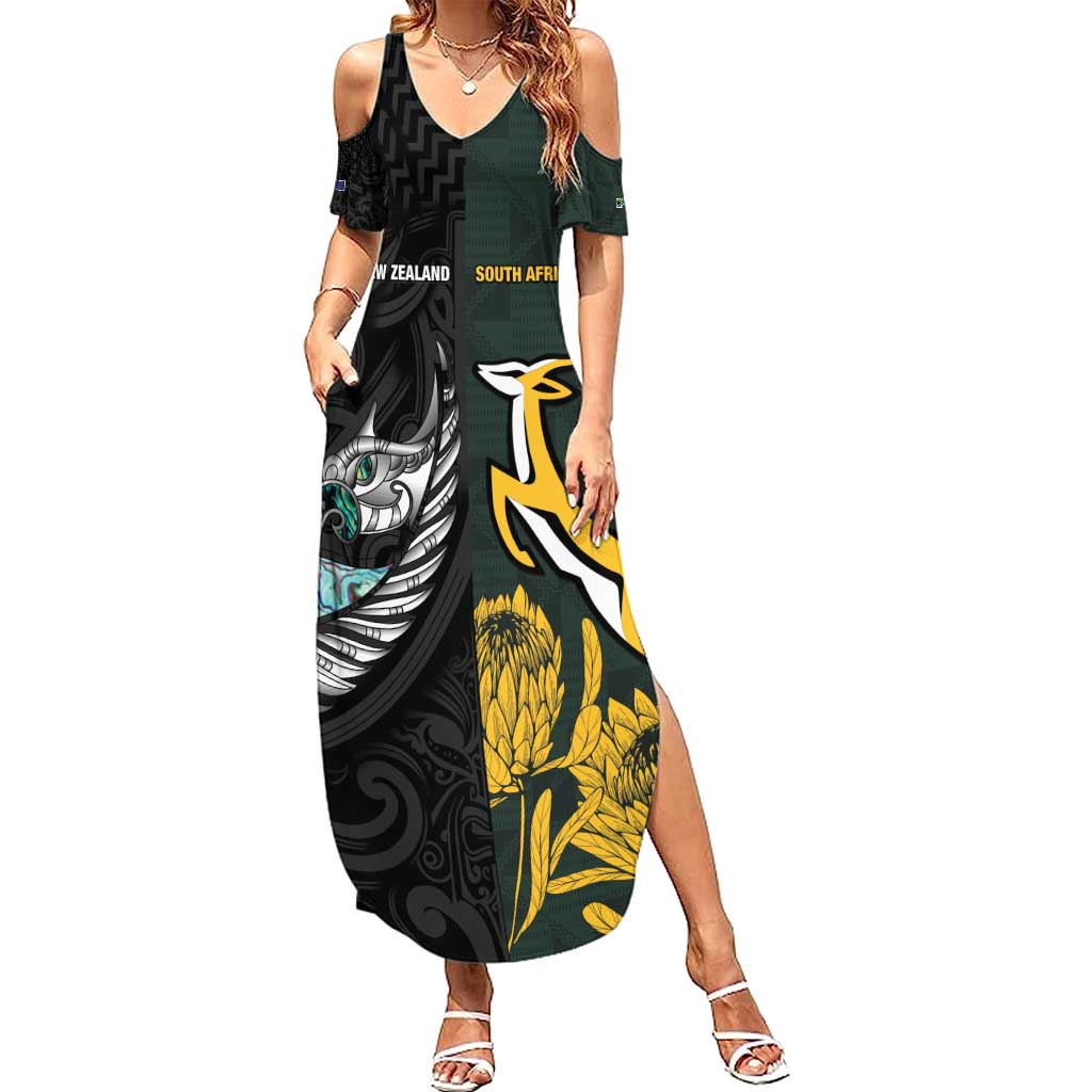 New Zealand and South Africa Rugby Custom Family Matching Summer Maxi Dress and Hawaiian Shirt Silver Fern With Springboks