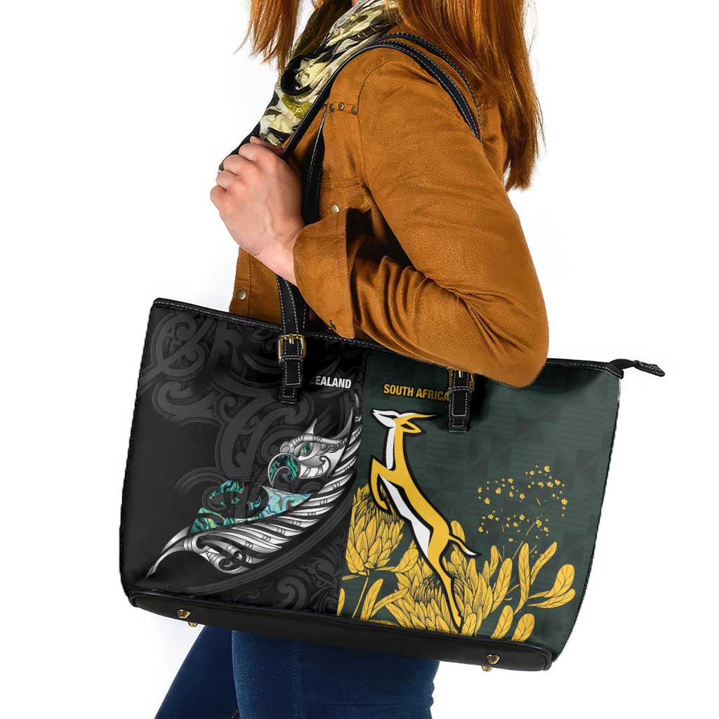 New Zealand and South Africa Rugby Leather Tote Bag Silver Fern With Springboks