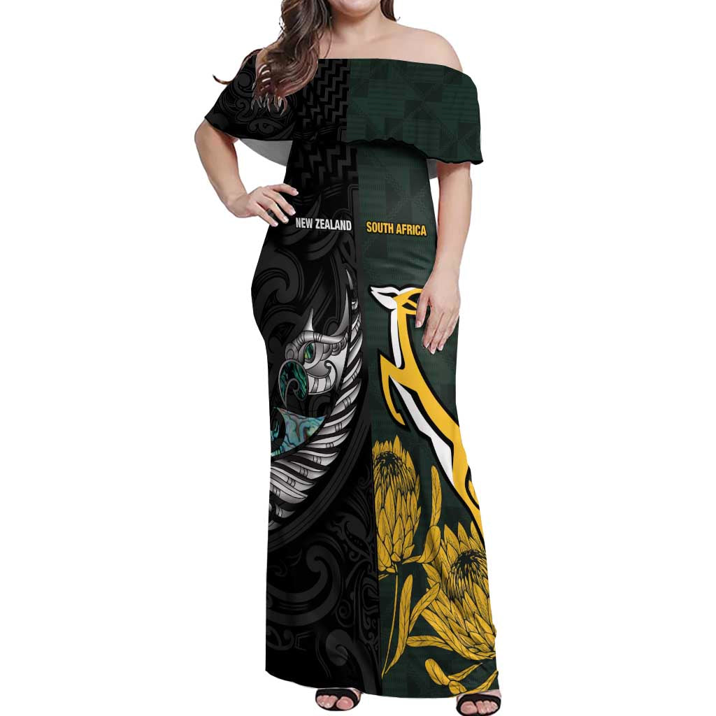 New Zealand and South Africa Rugby Custom Off Shoulder Maxi Dress Silver Fern With Springboks