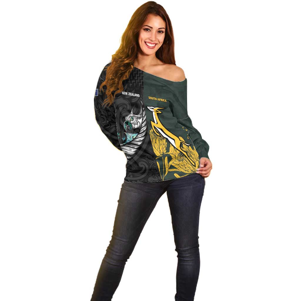 New Zealand and South Africa Rugby Custom Off Shoulder Sweater Silver Fern With Springboks