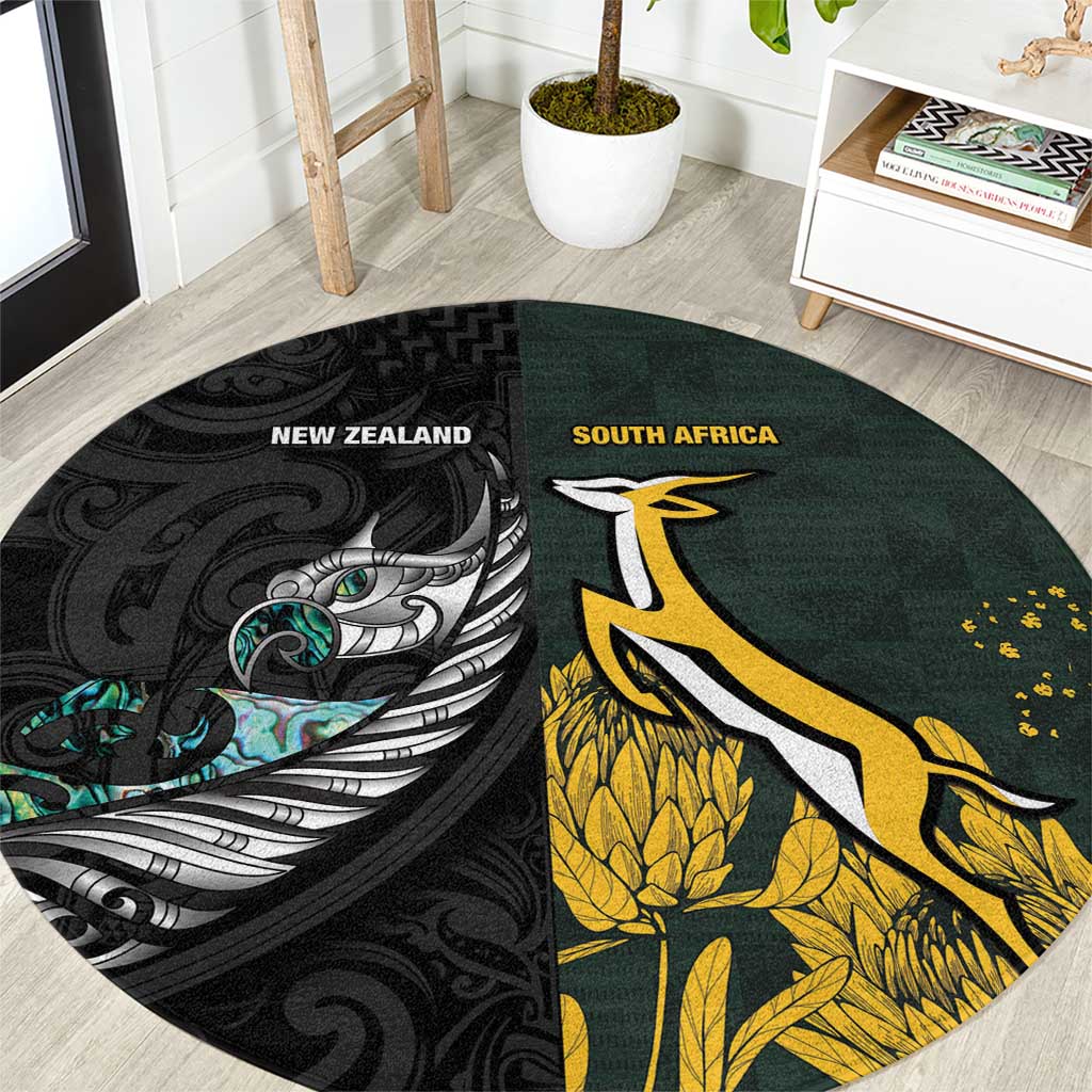 New Zealand and South Africa Rugby Round Carpet Silver Fern With Springboks