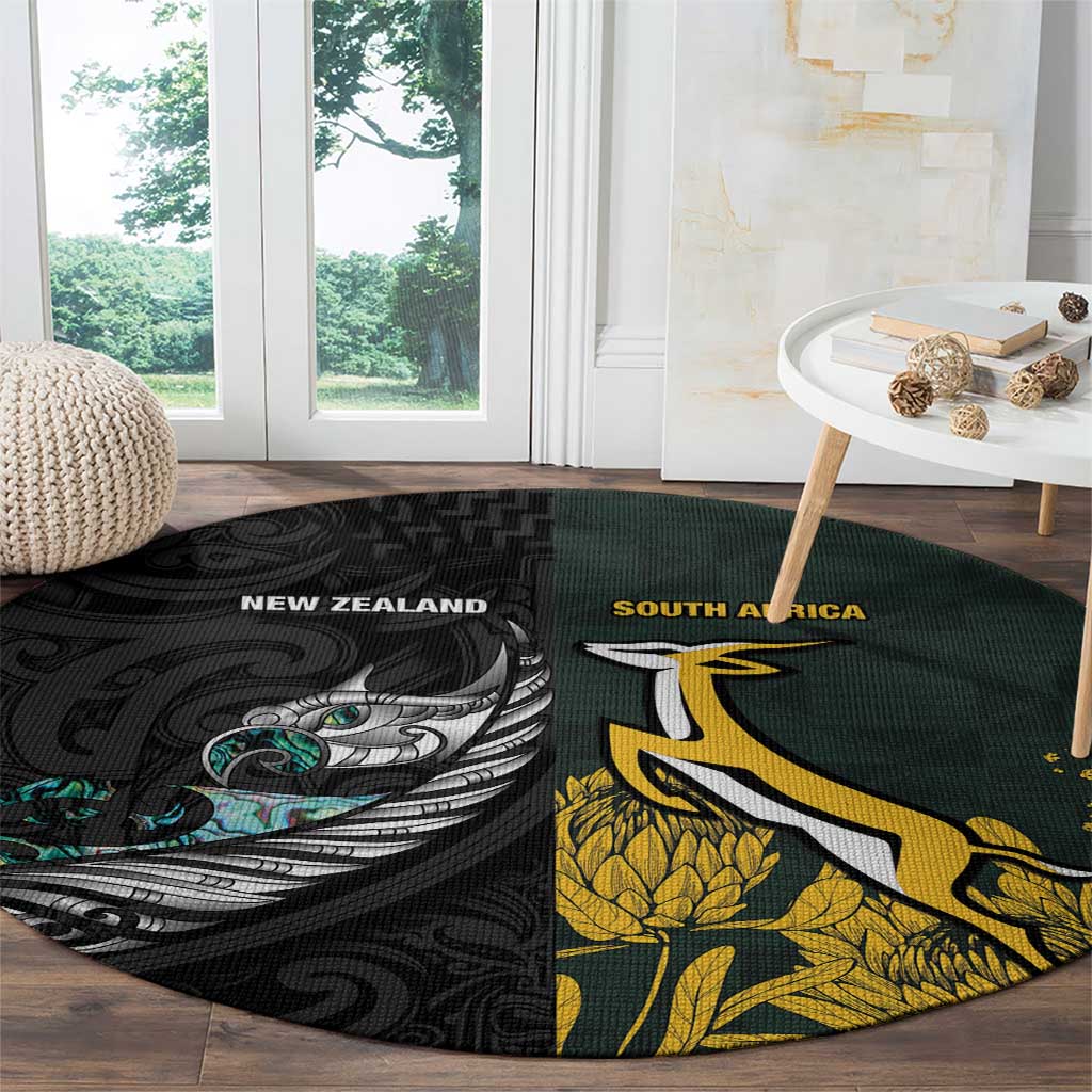 New Zealand and South Africa Rugby Round Carpet Silver Fern With Springboks