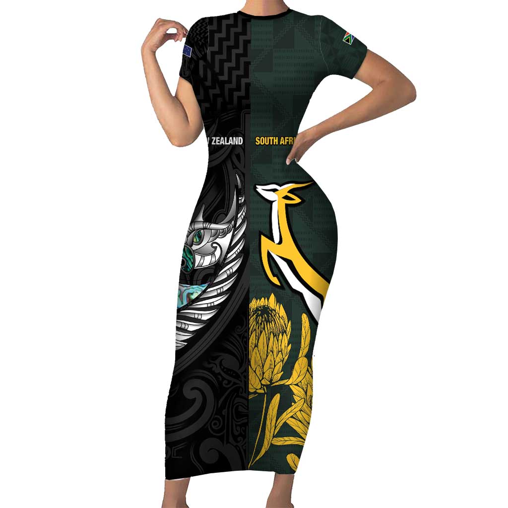 New Zealand and South Africa Rugby Custom Short Sleeve Bodycon Dress Silver Fern With Springboks