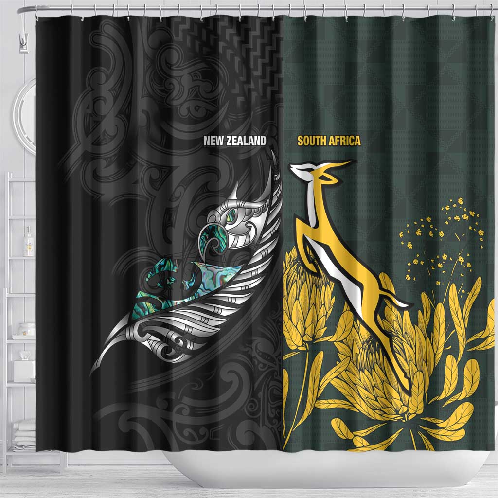 New Zealand and South Africa Rugby Shower Curtain Silver Fern With Springboks