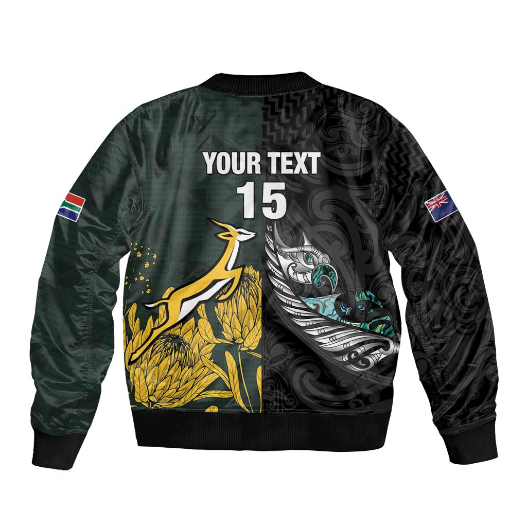 New Zealand and South Africa Rugby Custom Sleeve Zip Bomber Jacket Silver Fern With Springboks