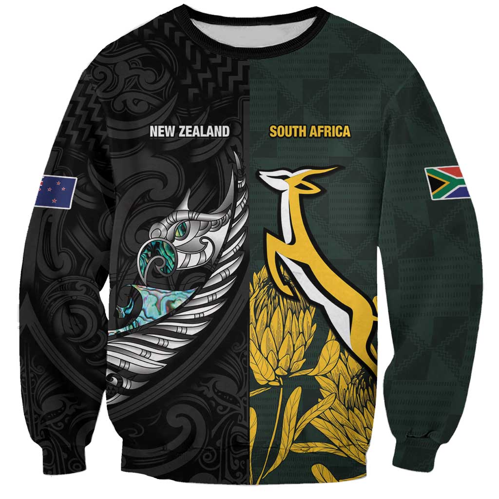 New Zealand and South Africa Rugby Custom Sweatshirt Silver Fern With Springboks LT15 Unisex Black - Polynesian Pride